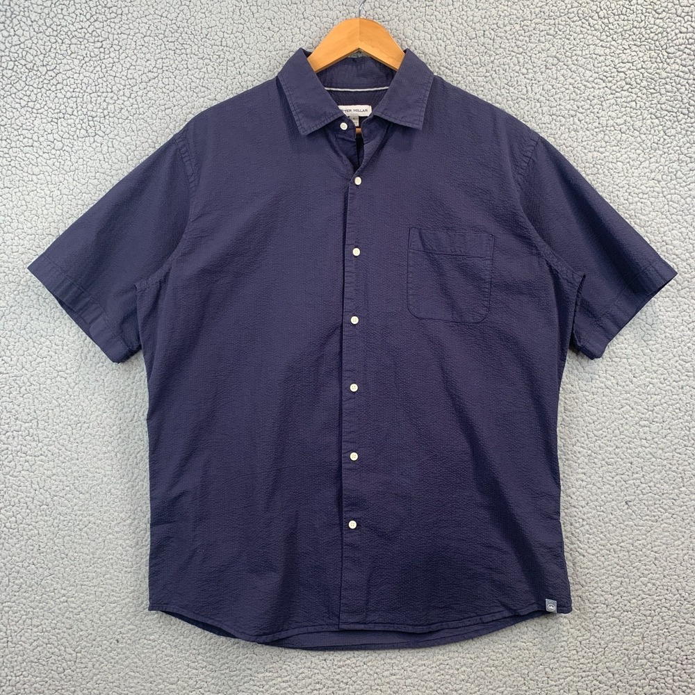 Peter Millar Short Sleeve Button Down Men's Size Large Blue Textured